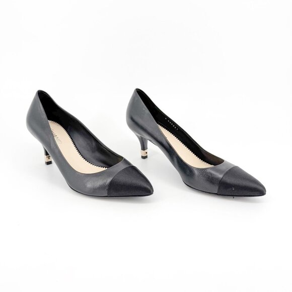 Chanel Cap Toe CC Kitten Pumps EU 38.5 US 7.5-8 Black Leather Pointed Low Heel - Picture 1 of 15